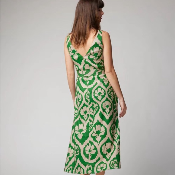 Green and Tan Linen Blend Belted Midi Dress - Picture 3 of 12